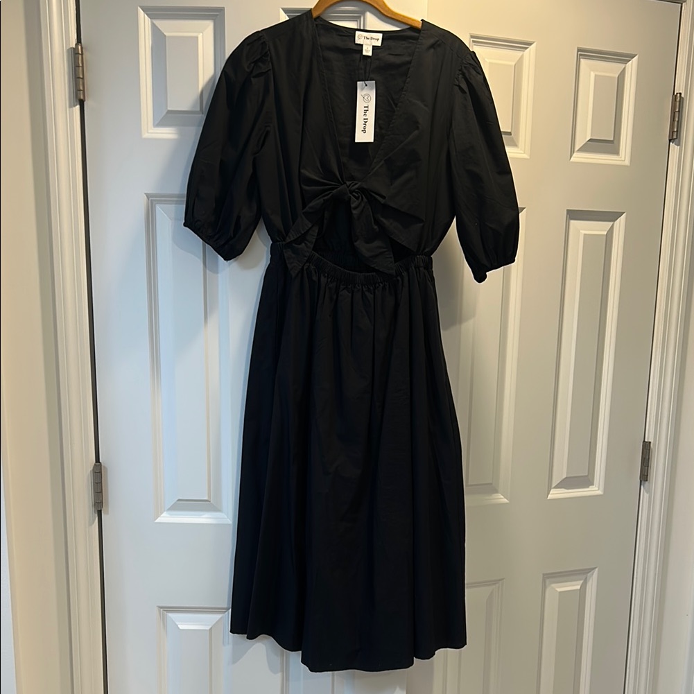 Black Ruched Tie Front Midi Dress